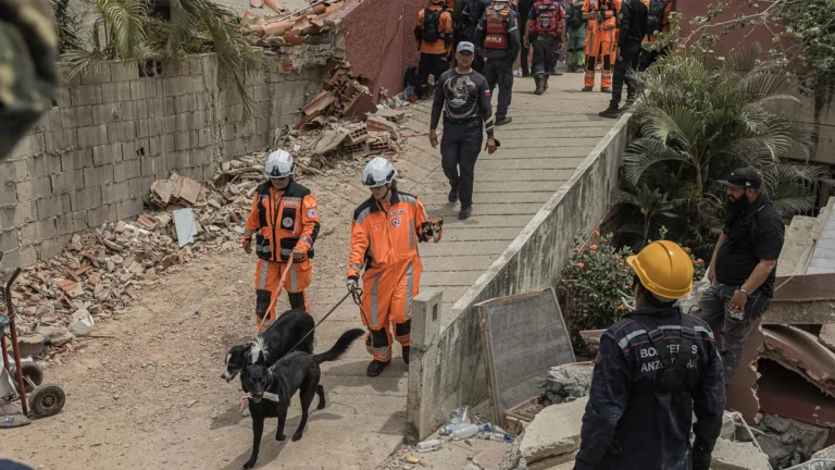 Rescatistas trabajan en operaciones de rescate en una zona afectada por los terremotos, este domingo, en La Guaira (Venezuela).Fuente: EFE.