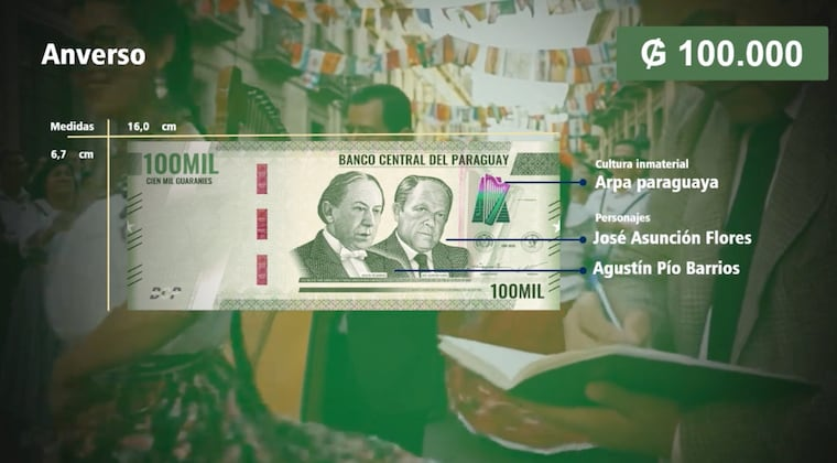 Así se verá el billete de 100.000 guaraníes.